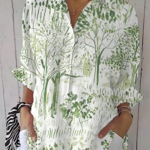Shirt Collar Three Quarter Sleeve Floral Regular Loose Shirt For Women, Shirts, color:Color3|size:5XL, catalog Noracora shop