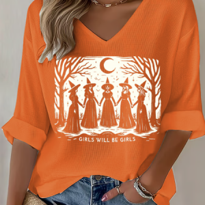 Vintage Halloween V Neck Three Quarter Sleeve T-shirt, T-shirts, color:Orange|size:5XL, catalog Noracora shop
