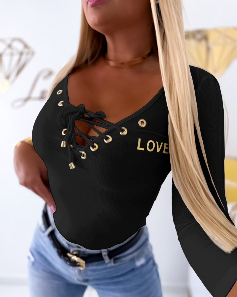 Lace-Up V-Neck Long Sleeve Ribbed Knit Shirt Casual Slim Fit Top, women T-shirt & Tees, ChicMe catalog - Image 2