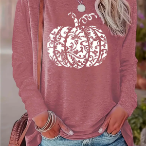 Casual Halloween (pumpkin) Crew Neck Long Sleeve T-shirt, T-shirts, color:Pink|size:XXL, catalog Noracora shop