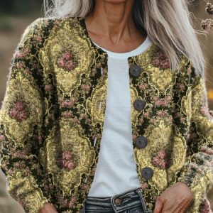 Women Floral Printing Long Sleeve Crew Neck Vintage Spring/Fall Cardigan Outerwear, JustFashionNow Cardigans, color:Yellow|size:5XL,