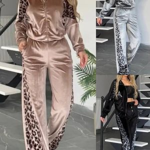 Women Color Block Printing Two-Piece Set Daily Long Sleeve Casual Spring/Fall Top With Pants Matching Set, JustFashionNow Suit Set, color:Khaki|size:3XL,