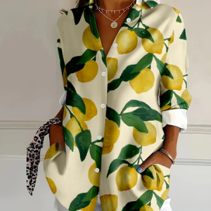 Women Lemon Long Sleeve Shirt Spring/Fall Buckle Shirt Collar Daily Casual Top, JustFashionNow Shirts, color:Yellow|size:4XL,