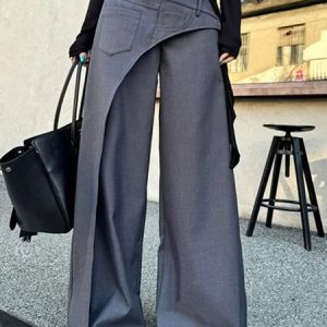 Urban Plain Folds Wide Leg Pants, Pants, color:Gray|size:XXL, Stylewe