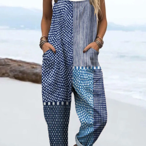 Women Striped Square Neck Sleeveless Casual Spring/Fall Bib Pants, JustFashionNow Jumpsuits＆Rompers, color:Blue|size:4XL,