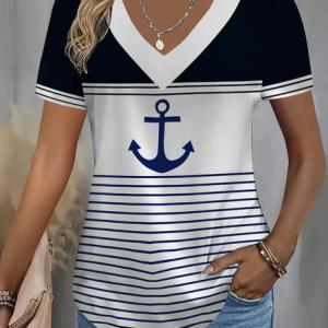 Women Anchor Short Sleeve Tee T-shirt V Neck Printing Casual Summer Graphic Tee Top, JustFashionNow T-Shirts, color:White|size:4XL,