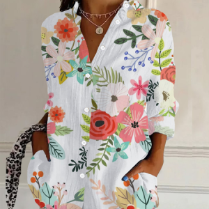 Women Floral Long Sleeve Shirt Spring/Fall Buckle Shirt Collar Daily Casual Top, JustFashionNow Shirts, color:White|size:S,