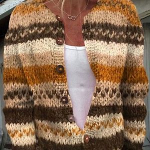 Women Wool/Knitting Striped Long Sleeve Comfy Casual Cardigan, Sweaters, color:As Picture|size:4XL, catalog Noracora shop