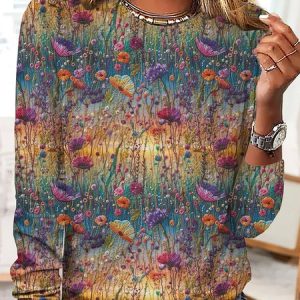 Casual Floral Crew Neck Long Sleeve T-shirt, T-shirts, color:Yellow|size:5XL, catalog Noracora shop