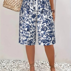 Women Floral Fifth Pants Pants Casual Summer Trousers, JustFashionNow Pants, color:Blue|size:XXL,