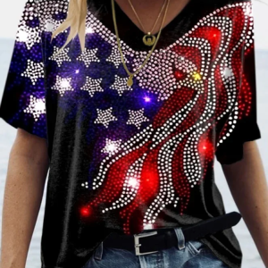 Women Independence Day (Flag) Short Sleeve Tee T-shirt V Neck Printing Casual Summer Graphic Tee Top, JustFashionNow T-Shirts, color:Black|size:4XL,