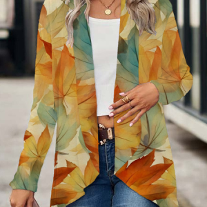 Women Maple Leaf Spring/Fall Cover-up Casual Printing Lightweight Cardigan, JustFashionNow Cardigans, color:Orange|size:XXL,