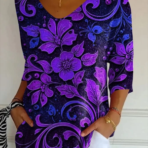 Casual Floral Art Print V Neck 3/4 Length Sleeve Comfy T-shirt, T-shirts, color:Purple|size:5XL, catalog Noracora shop
