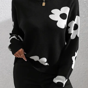 Women Floral Printing Spring/Fall Casual Long Sleeve Crew Neck Sweater, JustFashionNow Sweaters, color:Black|size:5XL,