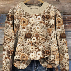 Women Floral Printing Spring/Fall Casual Long Sleeve Crew Neck Knitted Sweater, JustFashionNow Sweaters, color:Khaki|size:4XL,