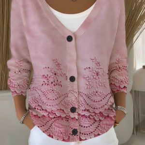Women Floral Long Sleeve V Neck Casual Spring/Fall Cardigan Outerwear, JustFashionNow Cardigans, color:Pink|size:5XL,