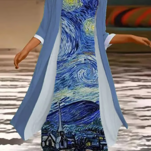 Women Paintings Printing Two-Piece Set Daily Three Quarter Sleeve Casual Spring/Fall Coat With Skirt Matching Set, JustFashionNow 2-Piece Dresses, color:Blue|size:XXL,
