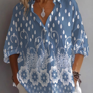 Women Floral Long Sleeve Shirt Spring/Fall Shirt Collar Daily Casual Top, JustFashionNow Shirts, color:Blue|size:5XL,
