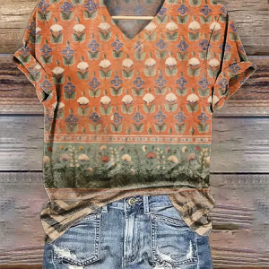 Women Floral Short Sleeve Tee T-shirt V Neck Printing Casual Summer Graphic Tee Top, JustFashionNow T-Shirts, color:Orange|size:4XL