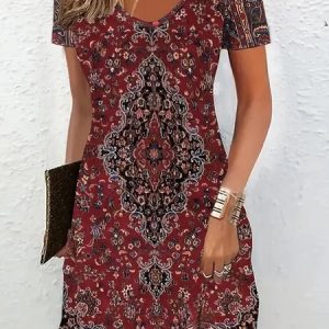 Women Floral Short Sleeve Summer Printing Dress V Neck Daily Casual Midi Fit & Flare Dress A-Line Dress, JustFashionNow Casual Dresses, color:Crimson|size:5XL,