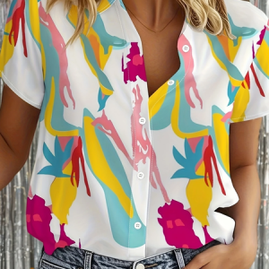 Women Abstract Short Sleeve Shirt Summer Printing Shirt Collar Daily Casual Top, JustFashionNow Shirts, color:White|size:5XL,