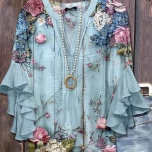 V Neck Half Sleeve Floral Regular Micro-Elasticity Regular Fit Blouse For Women, Blouses, color:Blue|size:3XL, catalog Noracora shop