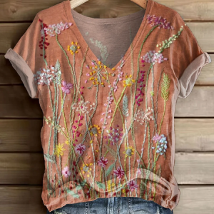 Women Floral Short Sleeve Tee T-shirt V Neck Printing Casual Summer Graphic Tee Top, JustFashionNow T-Shirts, color:Orange Pink|size:4XL,