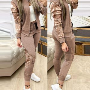 Contrast Sequins Zipper Design Jacket & Drawstring Pants Set, women Two-piece Sets, ChicMe catalog