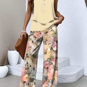 Women Floral Two-Piece Set Daily Sleeveless Casual Summer Top With Pants Matching Set, Sets, color:Yellow|size:XXL, catalog Noracora shop