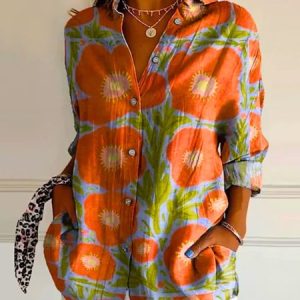 Casual Floral Art Painting Long Sleeve Comfy Shirt For Women, Shirts, color:Orange|size:4XL, catalog Noracora shop
