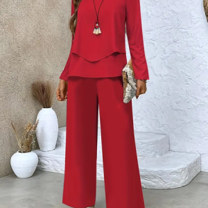 Women Plain Printing Two-Piece Set Daily Long Sleeve Casual Spring/Fall Top With Pants Matching Set, JustFashionNow Suit Set, color:Red|size:XXL,