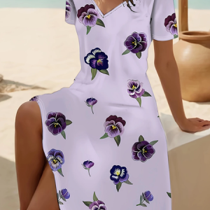 Women Floral Short Sleeve Summer Printing Dress V Neck Daily Casual Midi Fit & Flare Dress A-Line Dress, JustFashionNow Casual Dresses, color:Purple|size:5XL,