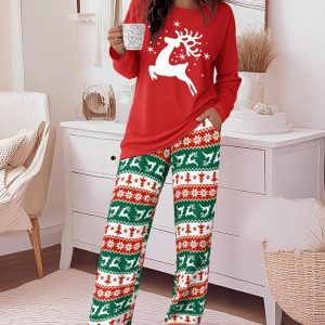 2 Pieces Outfit Reindeer Print Long Sleeve Drop Shoulder Top and Christmas Print Colorblock Elastic Waist Pants Set Casual Pajamas Set, women Pajamas Sets, ChicMe catalog
