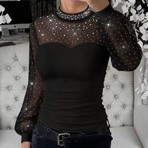 Rhinestone Decor Mock Neck Lantern Sleeve Sheer Mesh Spliced Tee Hollow-out Back Slim Fit Top, women T-shirt & Tees, ChicMe catalog