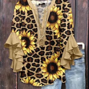 Women Leopard Half Sleeve Shirt Summer Printing V Neck Daily Casual Top, JustFashionNow Shirts, color:Khaki|size:5XL,