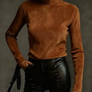 Suede Urban Plain Stand Collar Faux Leather Top, Tops, color:Brown|size:XXL, Stylewe