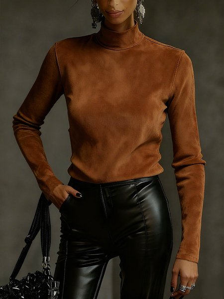 Suede Urban Plain Stand Collar Faux Leather Top, Tops, color:Brown|size:XXL, Stylewe
