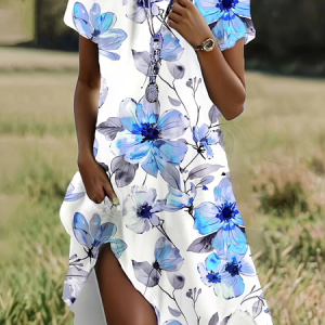 Women Floral Short Sleeve Summer Printing Dress Crew Neck Daily Casual Mini Tunic H-Line Dress, JustFashionNow Casual Dresses, color:Blue|size:XXL,