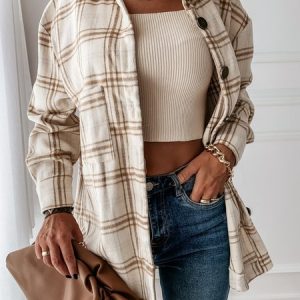 Women Autumn Outerwear Vintage Plaid Long Sleeve Shawl Collar Jacket, Jackets, color:Apricot|size:XL, catalog Noracora shop