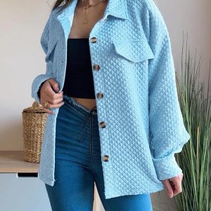 Diamond Pattern Long Sleeve Button Down Shirt with Pocket Casual Loose Fit Fall Blouse, women Blouses & Shirts, ChicMe catalog