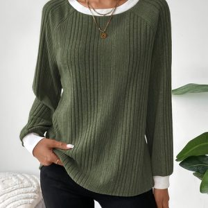 Women Plain Long Sleeve Tee T-shirt Crew Neck Casual Spring/Fall Top, JustFashionNow T-Shirts, color:Army Green|size:XXL,