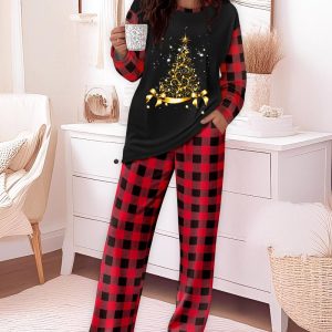 2 Pieces Outfit Christmas Tree Print Plaid Print Spliced Long Sleeve Top and Plaid Print Elastic Waist Pants Set Casual Pajamas Set, women Pajamas Sets, ChicMe catalog