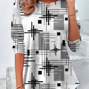 Vintage Geometric Crew Neck Long Sleeve T-shirt, T-shirts, color:White|size:4XL, catalog Noracora shop
