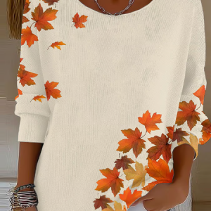Women Maple Leaf Printing Spring/Fall Casual Long Sleeve Crew Neck Sweater, JustFashionNow Sweaters, color:Apricot|size:5XL,