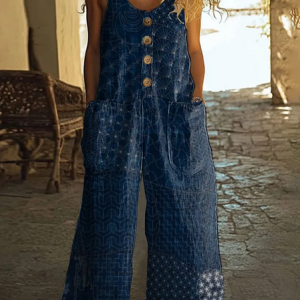 Women Geometric Crew Neck Sleeveless Casual Summer Jumpsuit, JustFashionNow Jumpsuits＆Rompers, color:Purplish Blue|size:4XL,