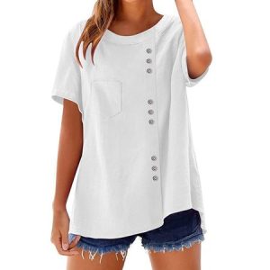 V Neck Short Sleeve Plain Regular Micro-Elasticity Regular Fit Shirt For Women, Shirts, color:White|size:XXL, catalog Noracora shop