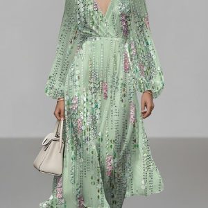 Women Striped Puff Sleeve Spring/Fall Dress V Neck Long Sleeve A-Line Dress, Dresses, color:Green|size:4XL, catalog Noracora shop