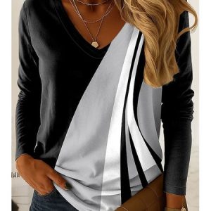 Casual Color Block V Neck Long Sleeve T-shirt, T-shirts, color:Gray|size:XXL, catalog Noracora shop