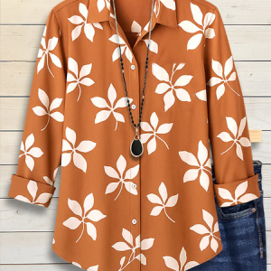 Women Floral Long Sleeve Shirt Spring/Fall Buckle Shirt Collar Regular Sleeve Daily Casual Top, JustFashionNow Shirts, color:Yellow Brown|size:5XL,