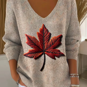 Women Maple Leaf Long Sleeve Tee T-shirt V Neck Printing Casual Spring/Fall Top, JustFashionNow T-Shirts, color:Oatmeal|size:4XL